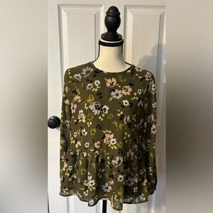 Madewell Wildblooms Floral Peplum Blouse Olive Green Long Sleeve Size S